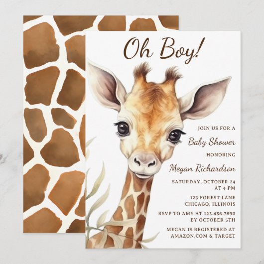 Invitation adorable bébé Giraffe Oh Baby shower garçon (Devant / Derrière)