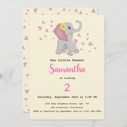 Invitation Adorable Bébé mignon Eléphant rose et gris Anniver (Devant / Derrière)