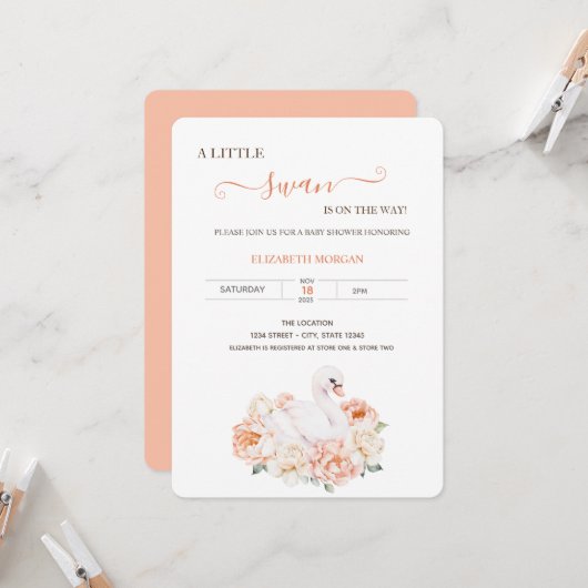 Invitation Adorable bébé Swan Rose Baby shower (Devant/Arrière en situation)