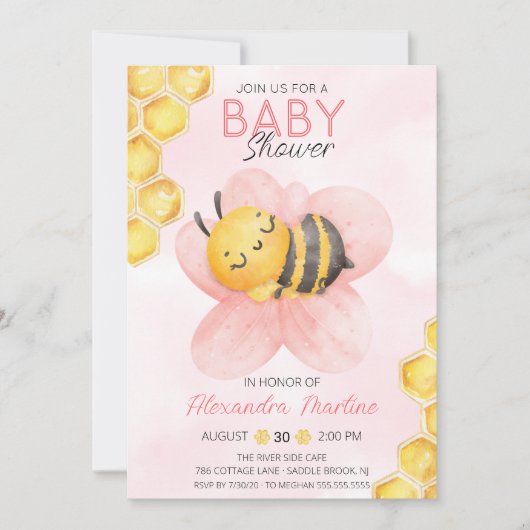 Invitation Adorable Bee rose floral fille baby shower (Devant)