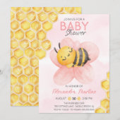 Invitation Adorable Bee rose floral fille baby shower (Devant / Derrière)