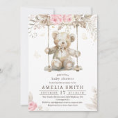 Invitation Adorable Beige Aquarelle Teddy Ours Rose Floral (Devant)