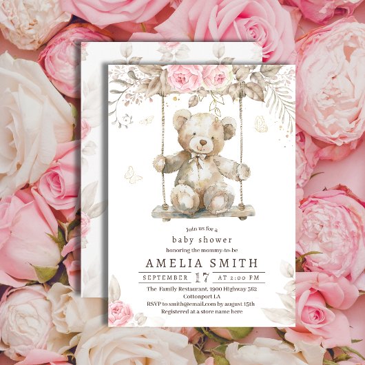 Invitation Adorable Beige Aquarelle Teddy Ours Rose Floral