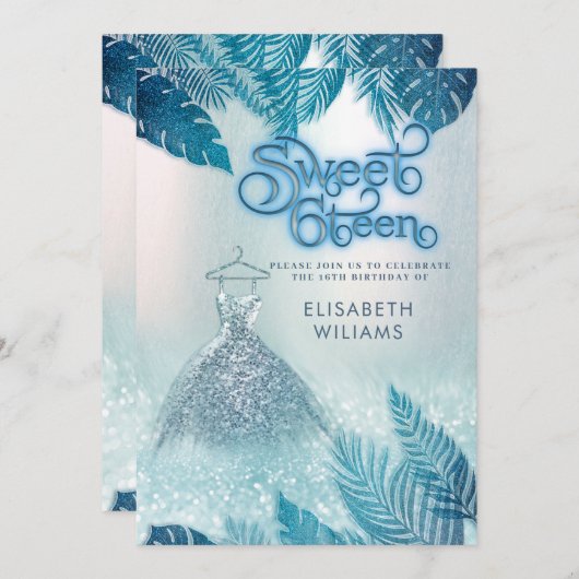 Invitation Adorable bleu tropical feuille parties scintillant (Devant / Derrière)