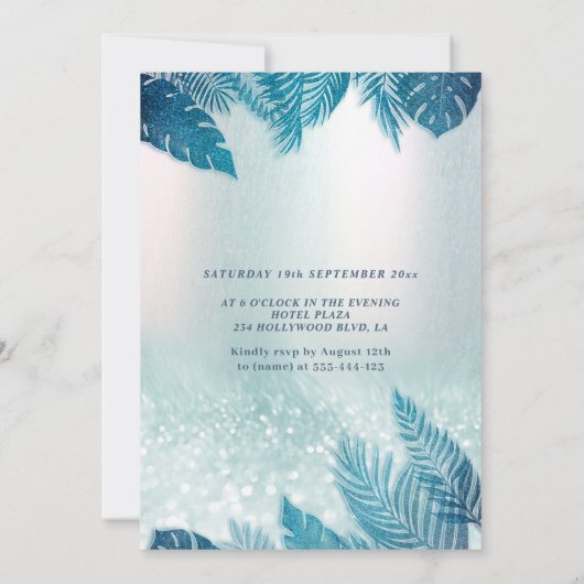 Invitation Adorable bleu tropical feuille parties scintillant (Dos)