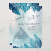 Invitation Adorable bleu tropical feuille parties scintillant (Devant / Derrière)