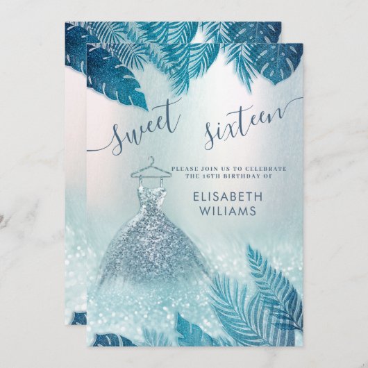 Invitation Adorable bleu tropical feuille parties scintillant (Devant / Derrière)