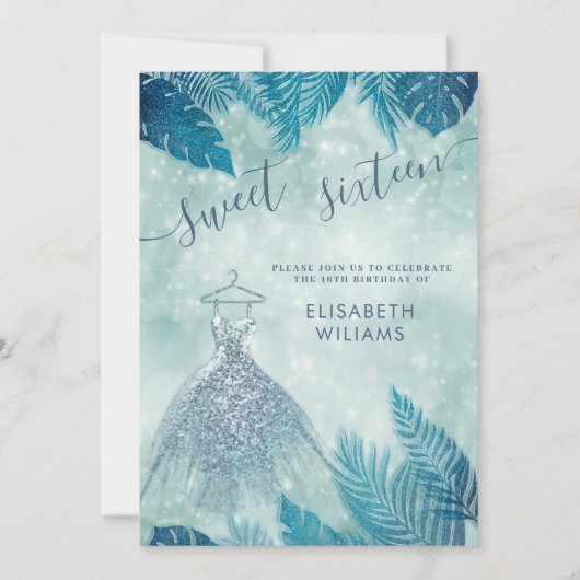 Invitation adorable bleu tropical feuilles bokeh doux 16 (Devant)