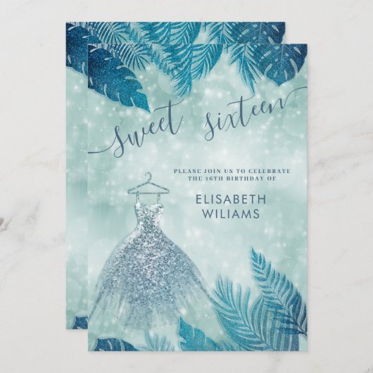 Invitation adorable bleu tropical feuilles bokeh doux 16 (Devant / Derrière)