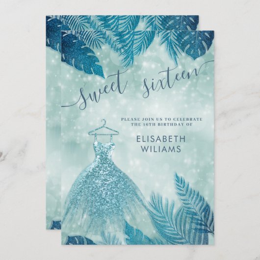 Invitation adorable bleu tropical feuilles bokeh doux 16 invi (Devant / Derrière)