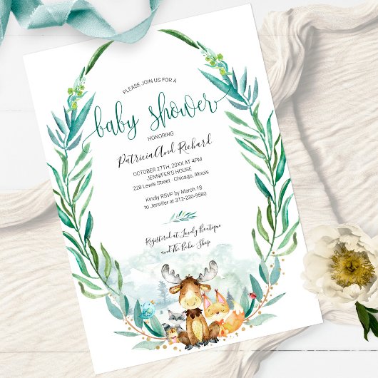 Invitation Adorable Bois Animaux Baby shower verdoyant
