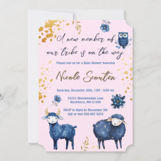 Invitation Adorable Bois Animaux Rose & Marine Bleu Galaxie