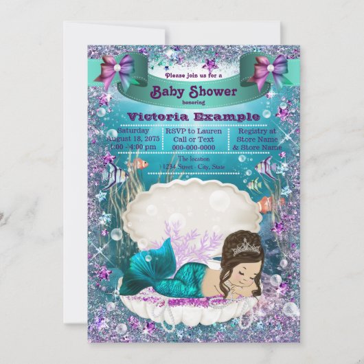 Invitation Adorable Brunette Mermaid Princesse Baby shower (Devant)