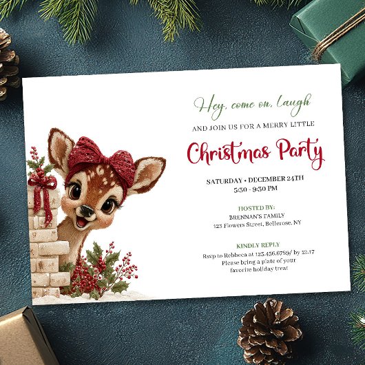 Invitation Adorable Christmas baby deer peeking party invite
