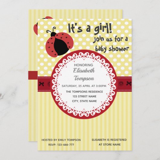 Invitation Adorable dessin mignon baby shower ladybug (Devant / Derrière)