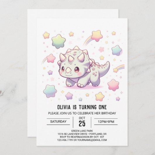 Invitation Adorable Dinosaure Amusant 1er anniversaire (Devant / Derrière)