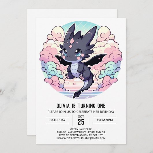 Invitation Adorable Dragon 1er Anniversaire (Devant / Derrière)