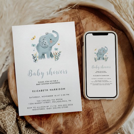 Invitation adorable Elephant Blue Baby Boy Douche