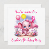 Invitation Adorable Eléphant d'anniversaire rose avec ballons (Devant / Derrière)