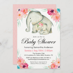Invitation Adorable Eléphants Baby shower fille