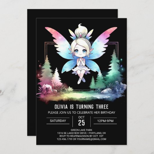 Invitation Adorable Enfants Fairy Anniversaire (Devant / Derrière)