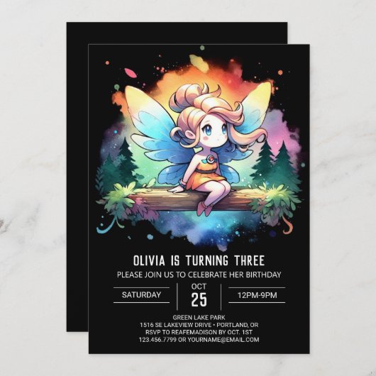 Invitation Adorable Fée moderne Anniversaire (Devant / Derrière)