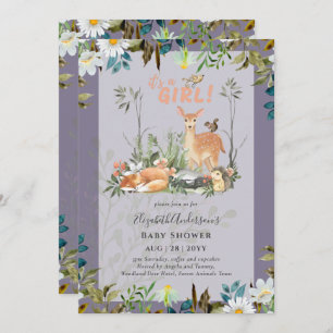 Invitation Adorable FILLES Baby shower de cerfs de bois Lilac