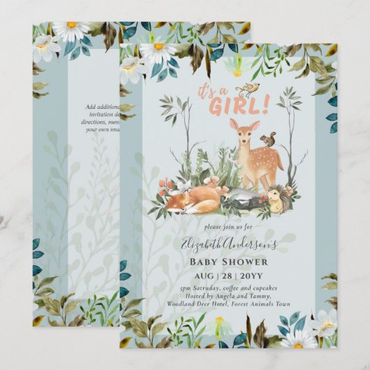 Invitation Adorable FILLES Baby shower de cerfs de bois Sage  (Devant / Derrière)