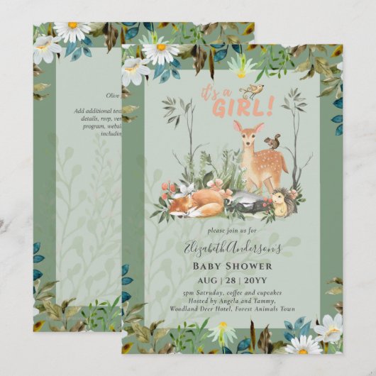 Invitation Adorable FILLES Baby shower de cerfs de bois vert (Devant / Derrière)