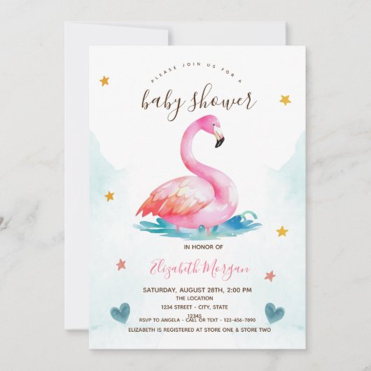 Invitation Adorable Flamant rose rose étoiles Baby shower Coe (Devant)