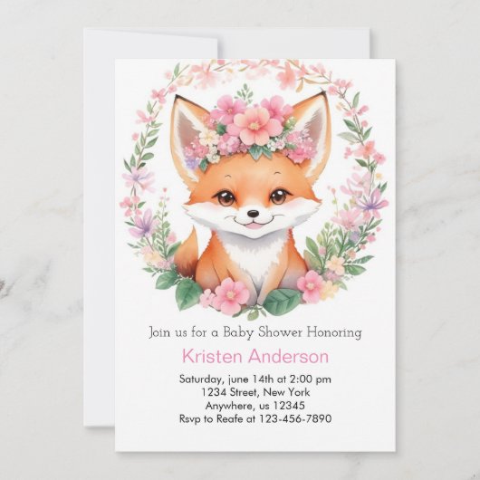 Invitation Adorable Fox Boho Forest Girl Baby shower (Devant)