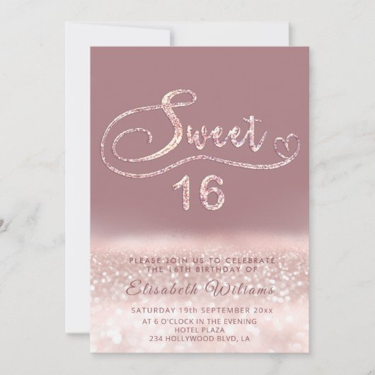 Invitation Adorable Glam rose or parties scintillant script o (Devant)