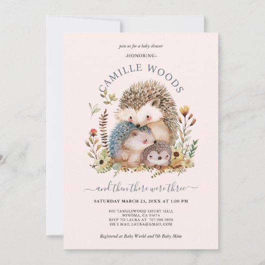 Invitation Adorable Hérisson Famille Baby shower fille rose (Devant)