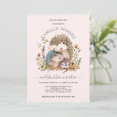 Invitation Adorable Hérisson Famille Baby shower fille rose (Debout devant)