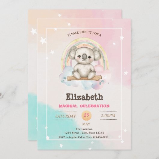 Invitation Adorable joli Koala Rainbow Anniversaire (Devant / Derrière)