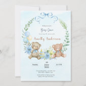 Invitation Adorable jumeaux en peluche ours baby shower flora (Devant)