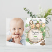 Invitation Adorable Jungle Safari vert 1er anniversaire Photo (Debout devant)