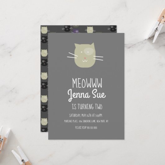Invitation Adorable Kitten Anniversaire Fête Grey Chat Invita (Devant/Arrière en situation)