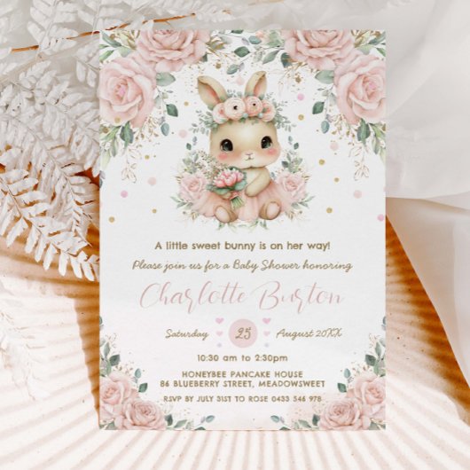 Invitation Adorable Lapin Lapin Blush Baby shower Floral