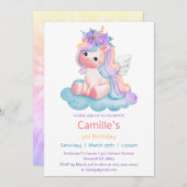 Invitation Adorable licorne floral arc-en-ciel fille annivers (Devant / Derrière)