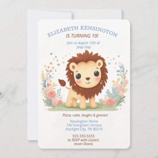 Invitation Adorable Lion à thème fête d'anniversaire pour enf (Devant)