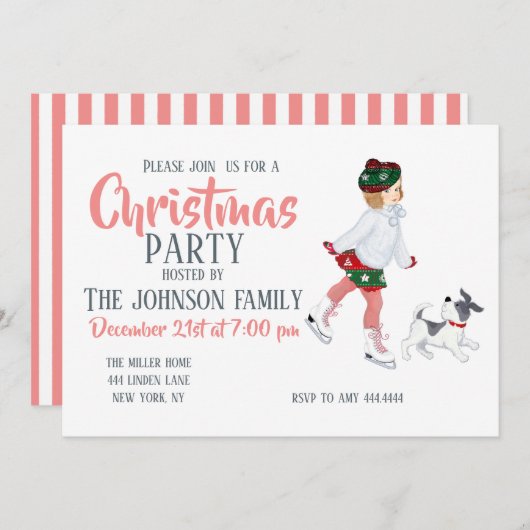 Invitation Adorable little girl skating on ice and dog (Devant / Derrière)