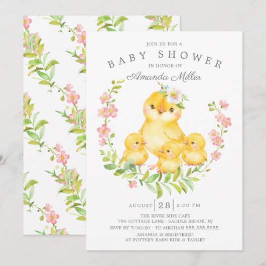 Invitation Adorable Maman & Baby Chicks Triplets Baby shower (Devant / Derrière)