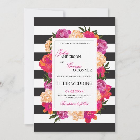 Invitation Adorable mariage floral boho rose fuchsia (Devant)