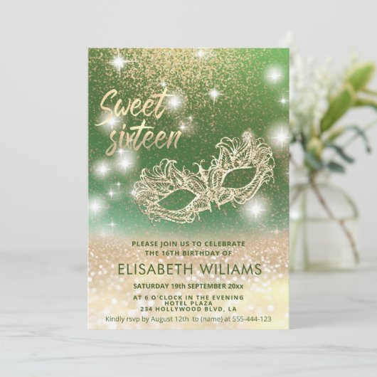 Invitation Adorable Masquerade charmant glittery ombre vert (Debout devant)