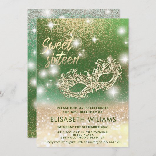 Invitation Adorable Masquerade charmant glittery ombre vert (Devant / Derrière)