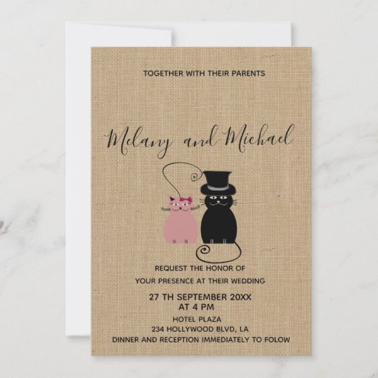 Invitation Adorable mignon chats caricaturés en burlap amoure (Devant)