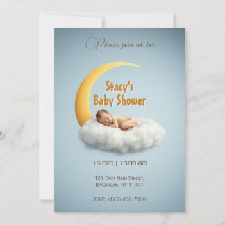 Invitation Adorable nouveau-né dormant sur la lune de croissa