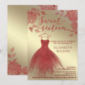 Invitation Adorable or Roses rouges rouge gliterie robe (Devant / Derrière)