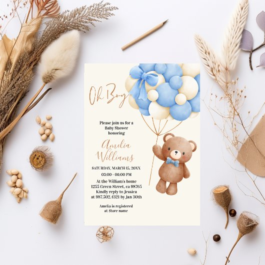 Invitation Adorable Ours Teddy Oh Garçon Bleu Balloon Baby